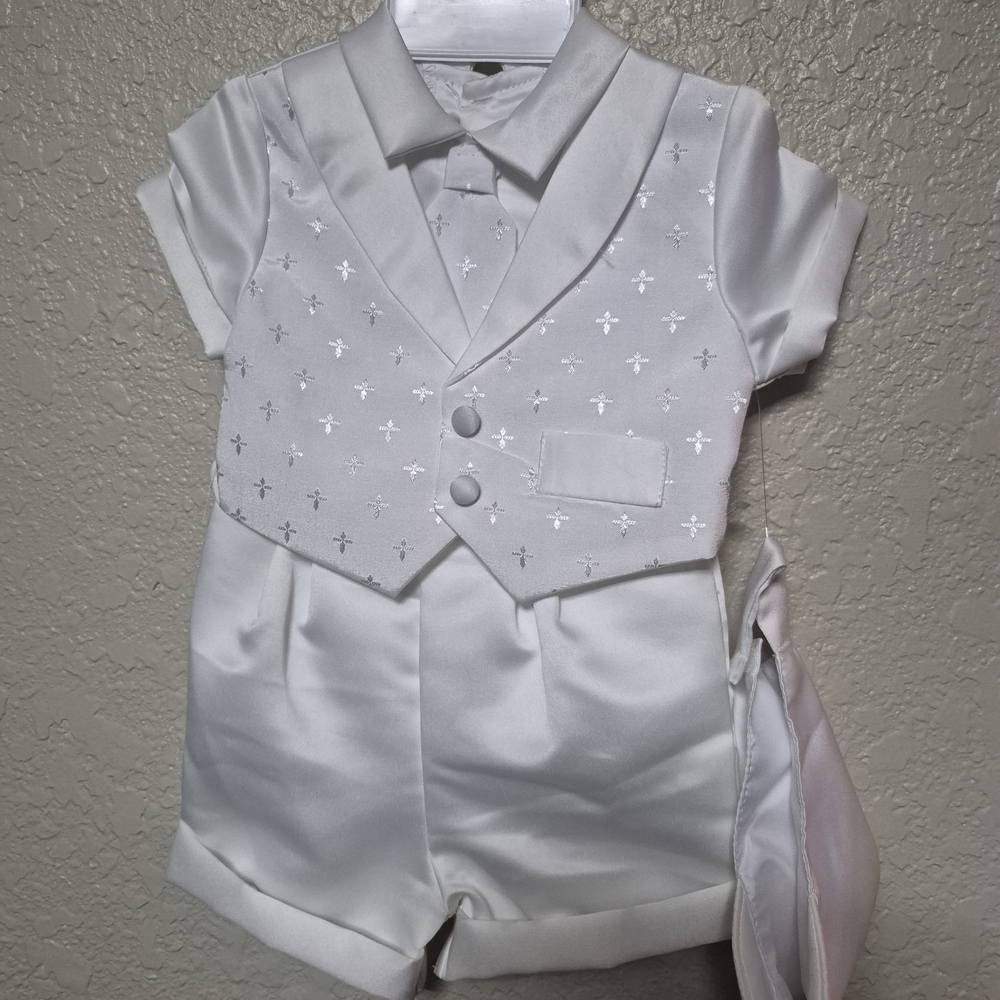 Charming White Kids Vest and Shorts  Ensemble Christening Outfit With Tie.